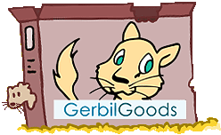 A chewed cereal box with the GerbilGoods logo on the front. A small gerbil pokes its head out of one of the holes.